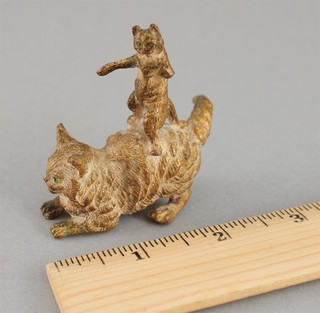 Antique Austrian Miniature Cold Painted Bronze Cat & Kitten Sculpture Figurine