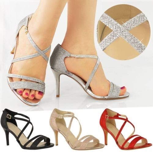 Mujer bajo Tacón Sandalias de Tiras Fiesta Graduación o Boda Pedrería Talla  | eBay