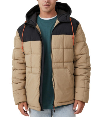 Cotton:On Men's Recycled Mother Puffer Hooded Jacket Tan Panel Black Size L NEW