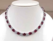 11Ct Oval  Round Cut Ruby Diamond Women's Tennis Necklace 14K WhGold Plated 16"