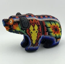 Huichol Beaded Wooden Bear – Mexican Folk Art - 5” long