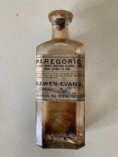 Vintage Paregoric Medizinflasche, LEER, Evans Apotheker New Milford, CT