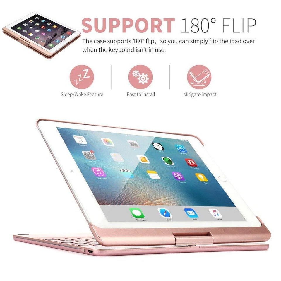 iPad 9.7" 2018/2017/Air 2 360° Giratorio Bluetooth Retroiluminado Teclado Estuche Cubierta Foto 4 de 4