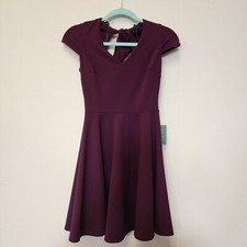 B Smart 1 Burgundy Dress Fit Flare Stretch Tie Open Back Cap Sleeve Wedding New.