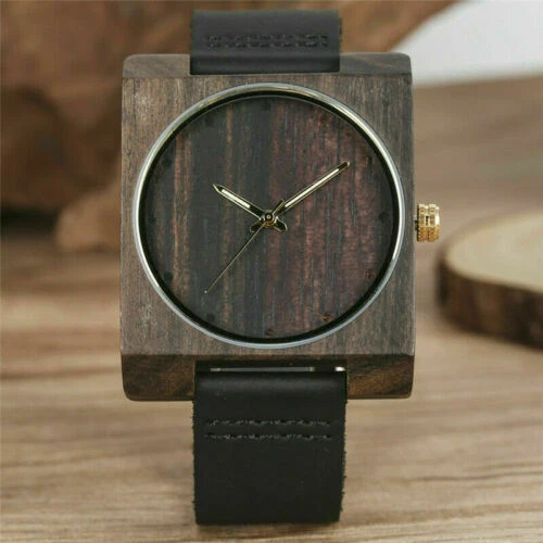 Wood Case Faux Leather Band Wristwatches