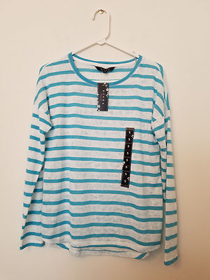 KIARA White/Lt Blue Striped Long Sleeve Shirt Top Size S
