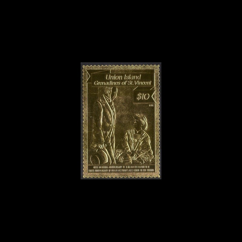 Grenadines St Vincent Union Island gold $10  stamp Queen Elizabeth  -  Wedding