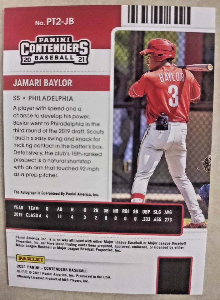 2021 Panini Contenders JAMARI BAYLOR MLB Phillies Certified ROOKIE AUTOGRAPH /75 - Image 2 of 2