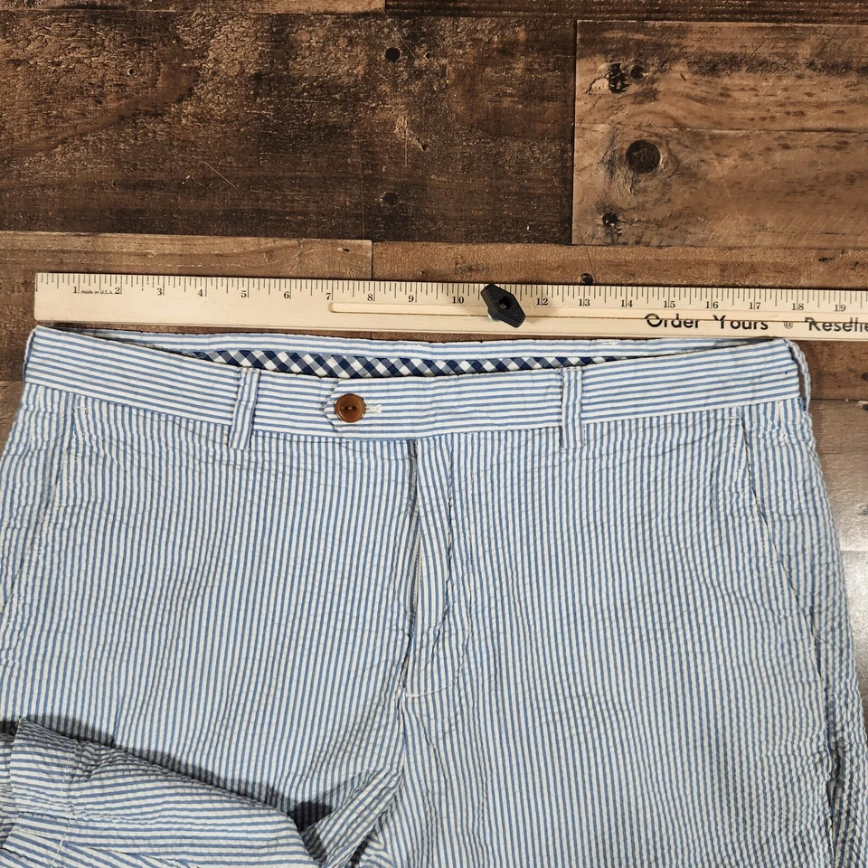 Pantalones Cortos Brooks Brothers Para Hombres Seersucker 36 Azul Blanco 9" Entrepierna Cremallera Foto 3 de 4