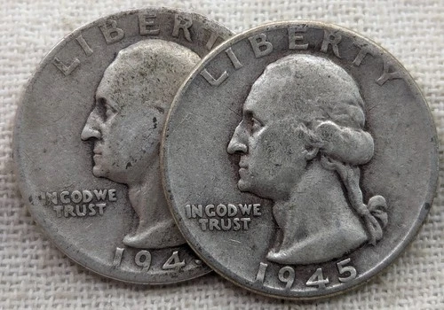 Lot of 2 1945 Washington Quarters Good/VG : 1945P, 1945S - .9 Fine Silver Coins