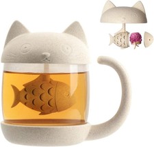 Cymax 250 ml Cat Glass Cup Tea Mug with Fish Tea Infuser Strainer Filter, Perfe