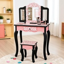 Kids Vanity Set - Princess Pink Leopard Tri-Folding Mirror Makeup Table Stool