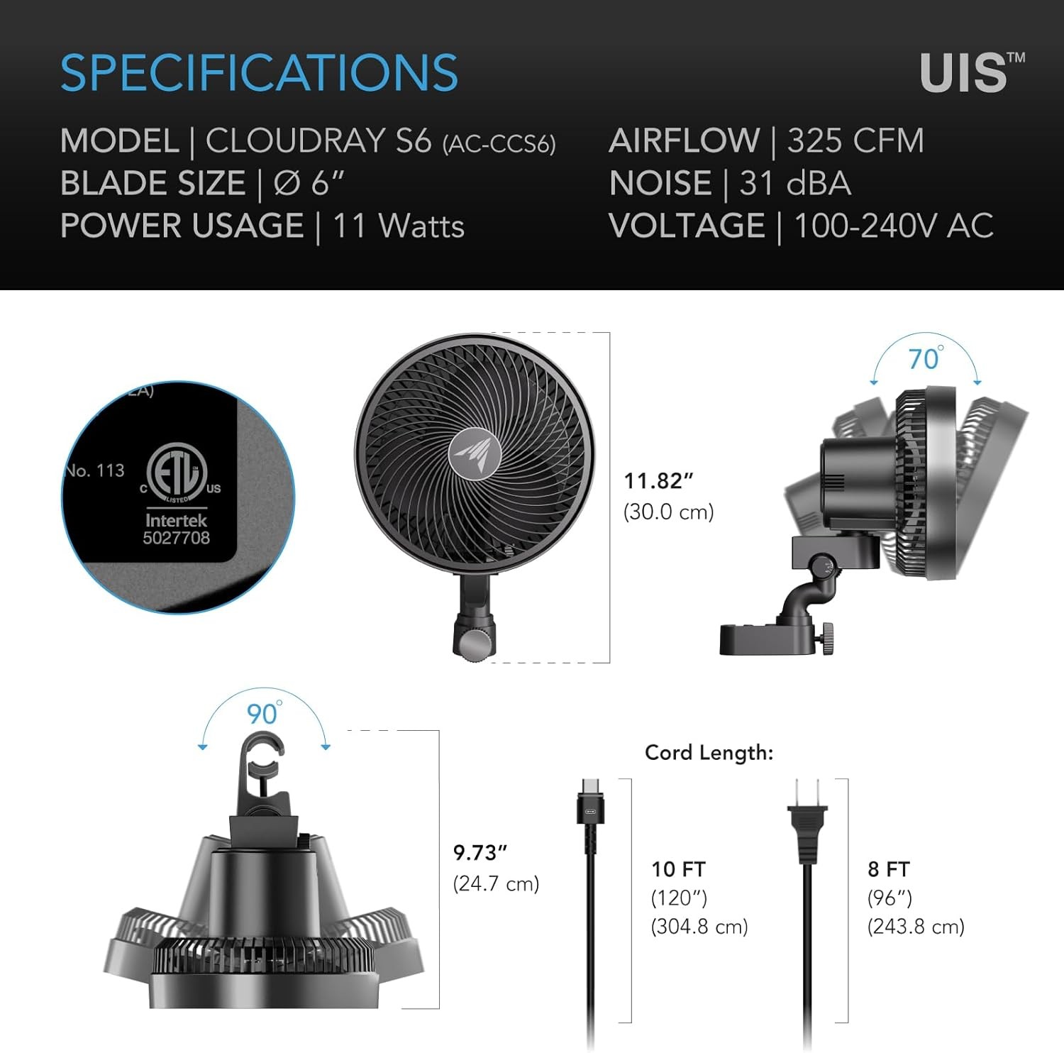 CLOUDRAY S6, Grow Tent Clip Fan 6” with Redesigned Long-Life EC Motor, Custom 10