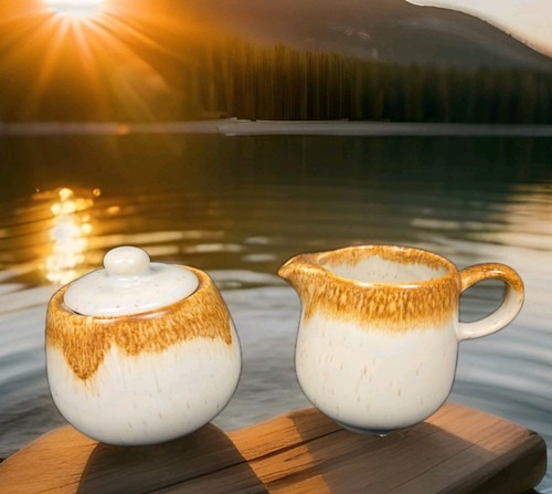 Grayson McCoy Pottery 7020 Creamer & Sugar Bowl w/ Lid Brown Drip Glaze Set RARE