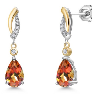 925 Silver and 10K Yellow Gold Dangle Earrings Mystic Topaz Moissanite (3.41