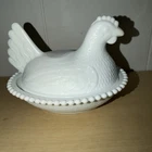 Indiana Glass Vintage White Milk Glass Hen On Nest Dish Beaded 7” Mint Vintage