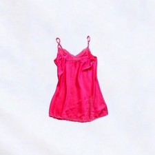 Victoria s Secret Fluorescent Hot Pink Satin Lace Trim Rhinestone Slip Dress L