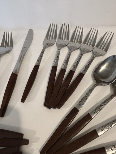 Vtg Interpur Teak Wood Handles Flatware Silverware Mid Century 21 Pieces - Picture 4 of 10