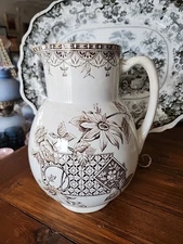 Antique Aesthetic Movement Brown Transferware Stained Crazed 11" Pitcher "Ionia"