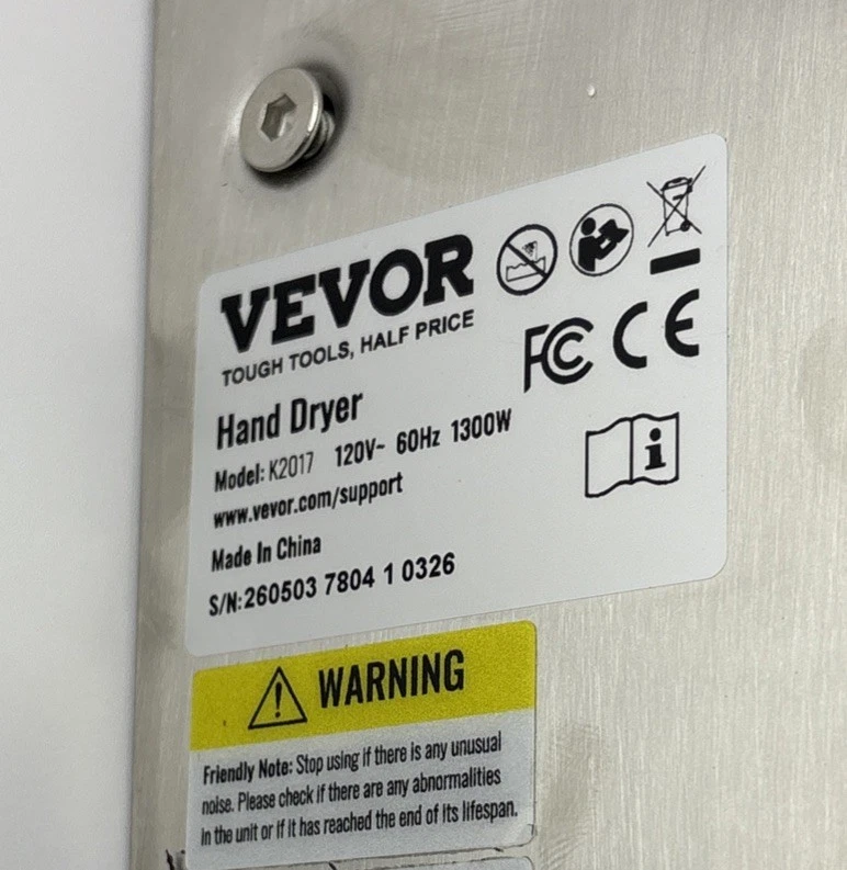 VEVOR K2017 Automatic Commercial Stainless Steel Hand Dryer 120V 1300W photo 3