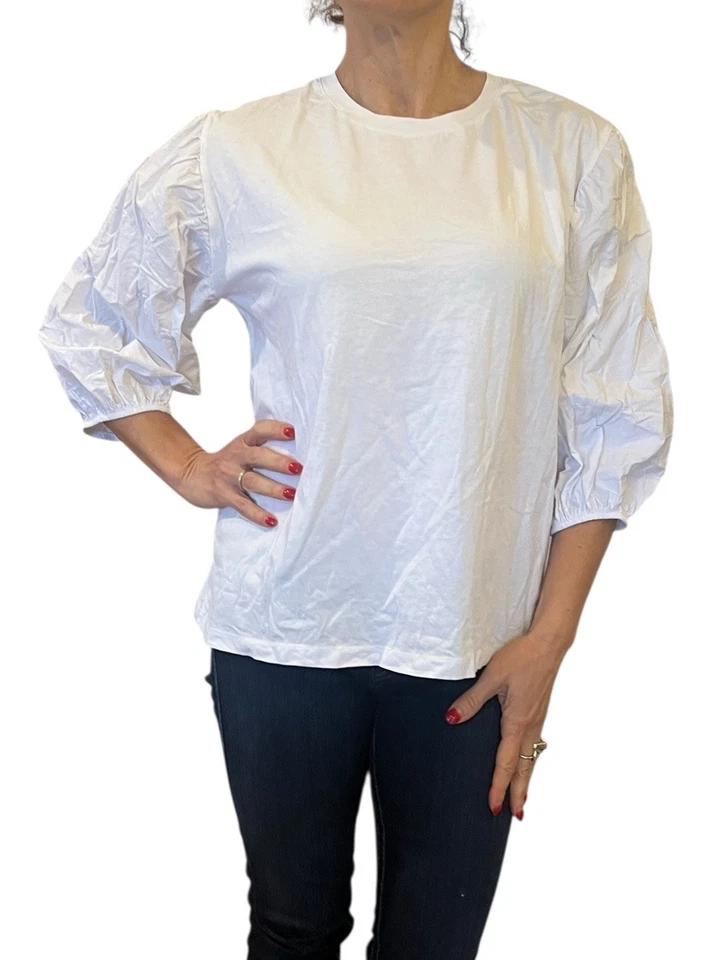 Camiseta Top Zara Voluminous Globo Manga 3/4 Blanca Algodón 0085/635 Grande Foto 3 de 4