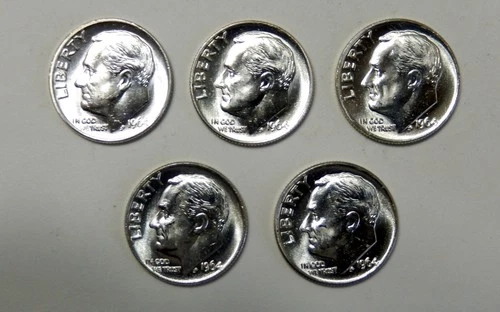 $5.00 UNDER SPOT   Five (5) 1964 Roosevelt 90% Silver Dimes  BU   .3615 Troy Oz