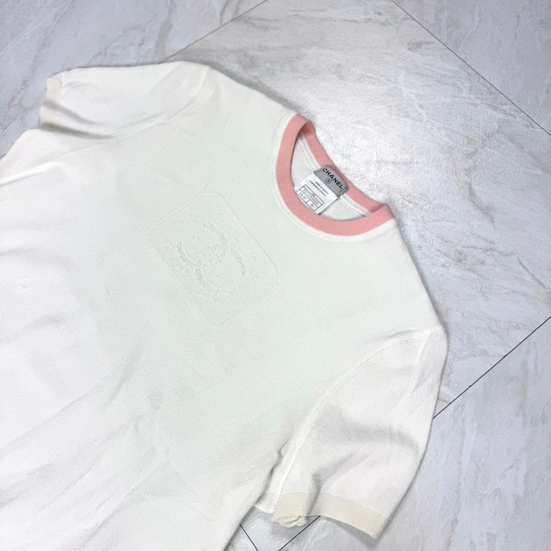 トップス CHANEL coco mark ringer knit sweater USED CHANEL SHORT SLEEVE STRETCH KNIT COCO MARK RINGER T-SHIRT