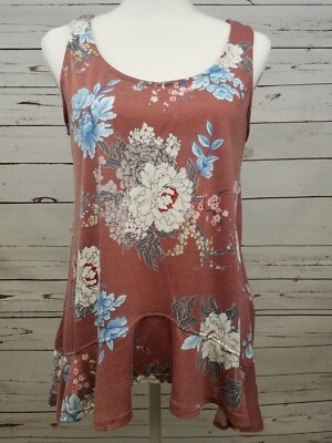 Doe and Rae Floral Ruffle Tank Top V-back Boutique Sleeveless Shirt Womens Small