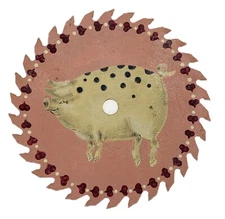 Pig Primitive Folk Art Wall Plaque Painted Pink 8” Metal Round Saw Blade