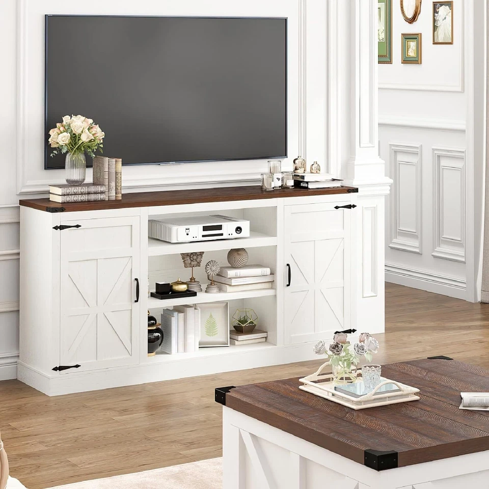 Soporte de TV de granja de 66", centro de entretenimiento con tomas de corriente para televisores de 75/65" Foto 2 de 4