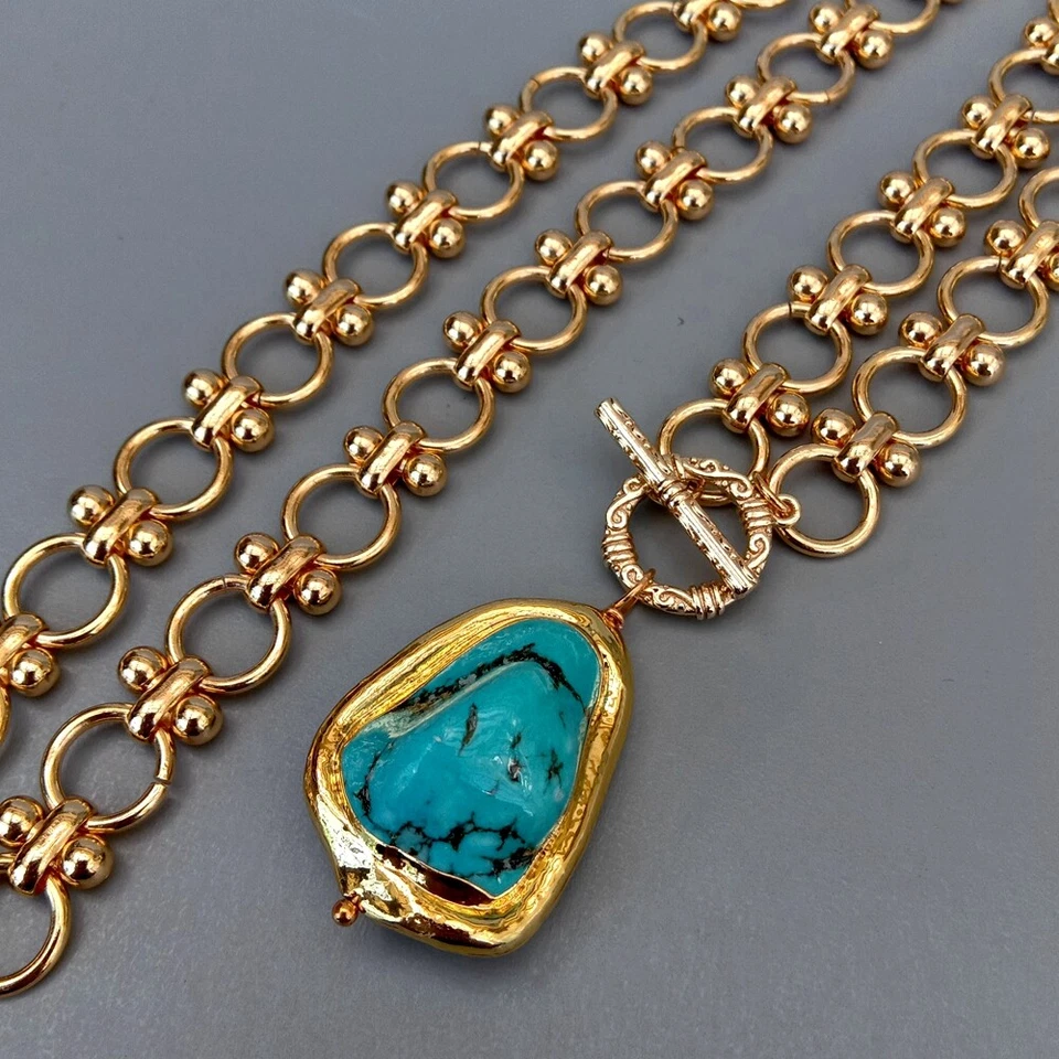 Gold Plated Chain Chokers Necklace Blue Turquoise Pendant Designer Gems Jewelry - image 3 of 4
