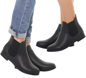 Womens Girls Casual Chelsea Boots Flat Riding Elastic Biker Dealer Black | eBay