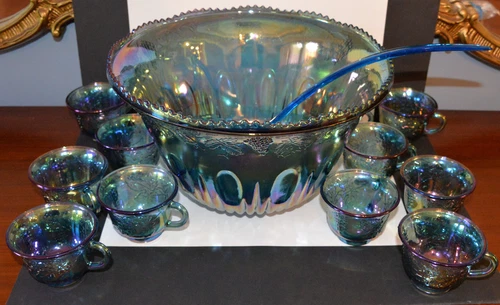 Vintage Indiana Glass Blue Carnival Glass #7446 Punch Bowl Set with Box