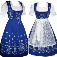 XS 2 Blue German Dirndl Long Dress Lace Apron Top EMBROIDERED Oktoberfest