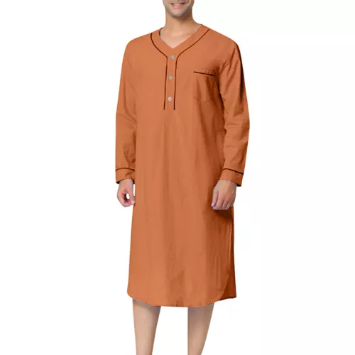 Herren Baumwolle Nachthemd Langarm Locker Lang Schlafshirt Pyjama Nachtwäsche Kleid - Bild 14 von 41