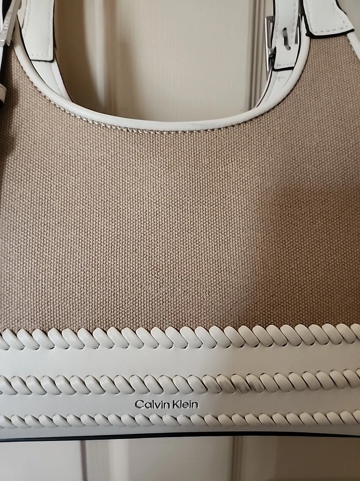 New~CALVIN KLEIN 2024 Quill Whip Stitch Shoulder Bag In Natural White Macy's  - Image 2 of 4