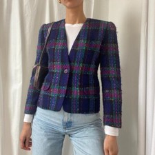 Vintage 80s/90s Blue Pink Boucle Wool Mohair Blend Tartan Plaid Trophy Blazer 8