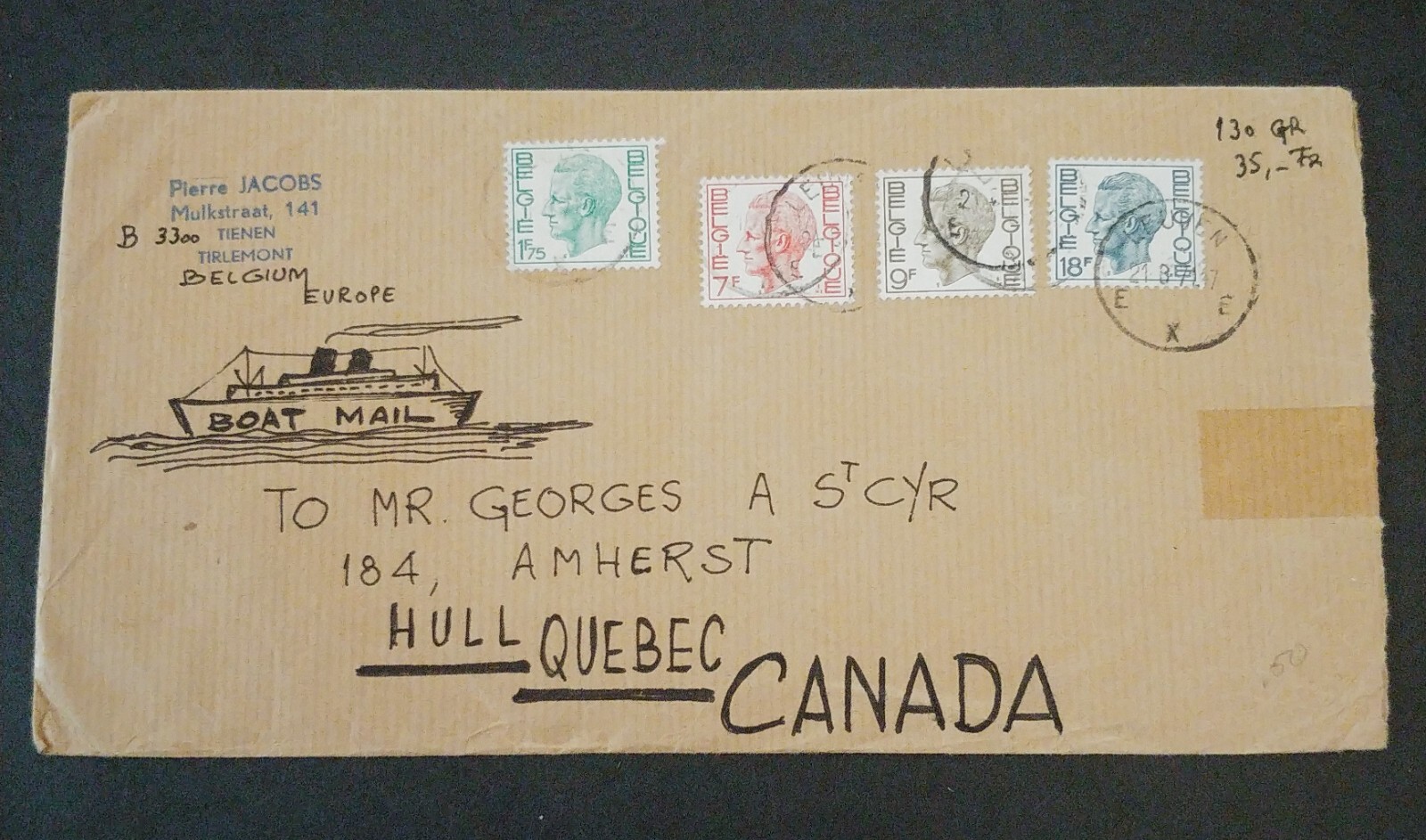 UNIQUE BELGIUM 1971 “BOAT MAIL” COVER “HAND DRAWN” TO QUEBEC CANADA ...