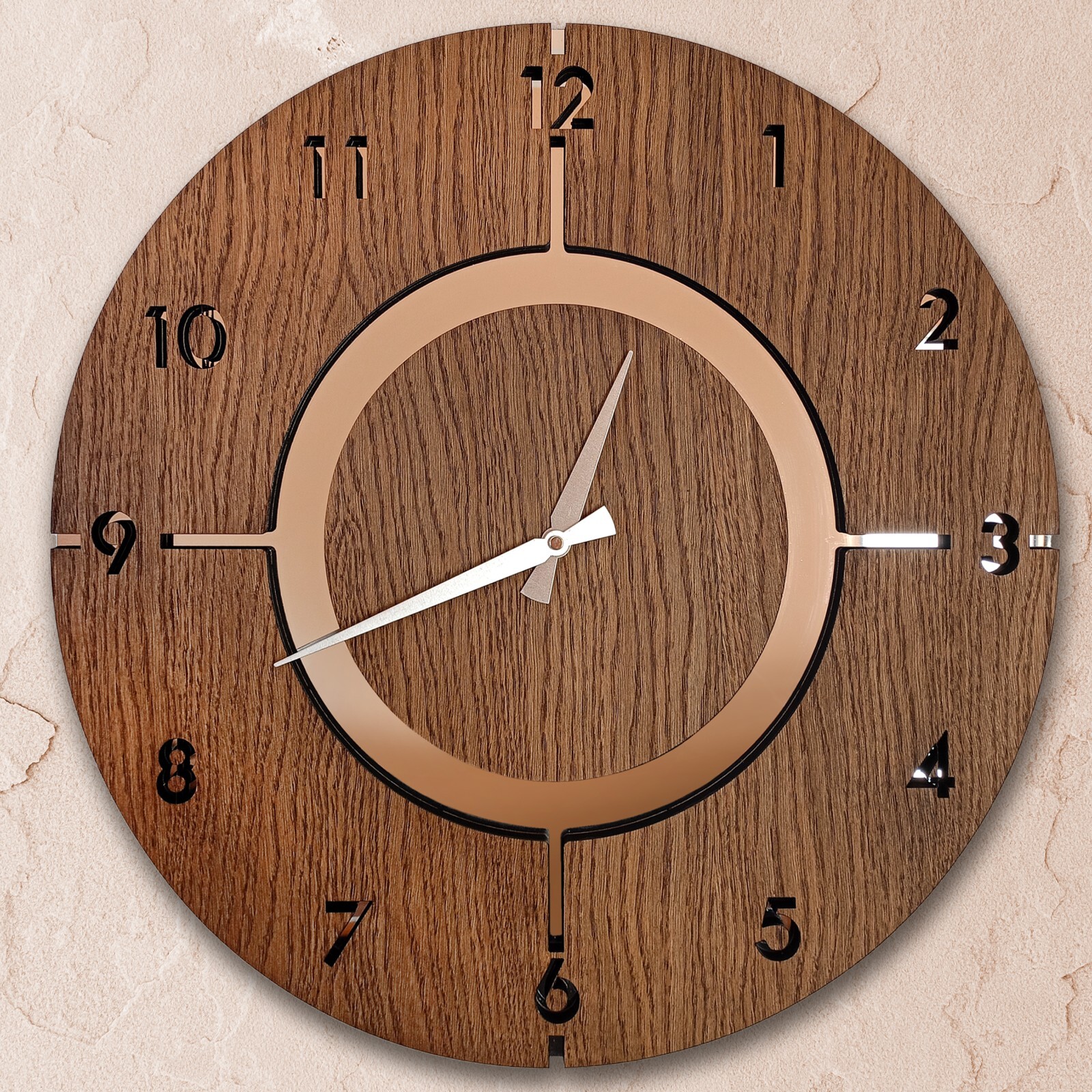 Oak Veneer Large Wooden Wall Clock, 20 inch, Mirrored Plexiglass Wood Clock,