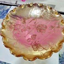 Arthur Armour Hammered Aluminum Gold Toned Bowl with Flowers and Butterfly 5" D
