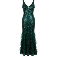 Jovani Emerald Green Sequin Feather Trim Mermaid Evening Gown Dress 6