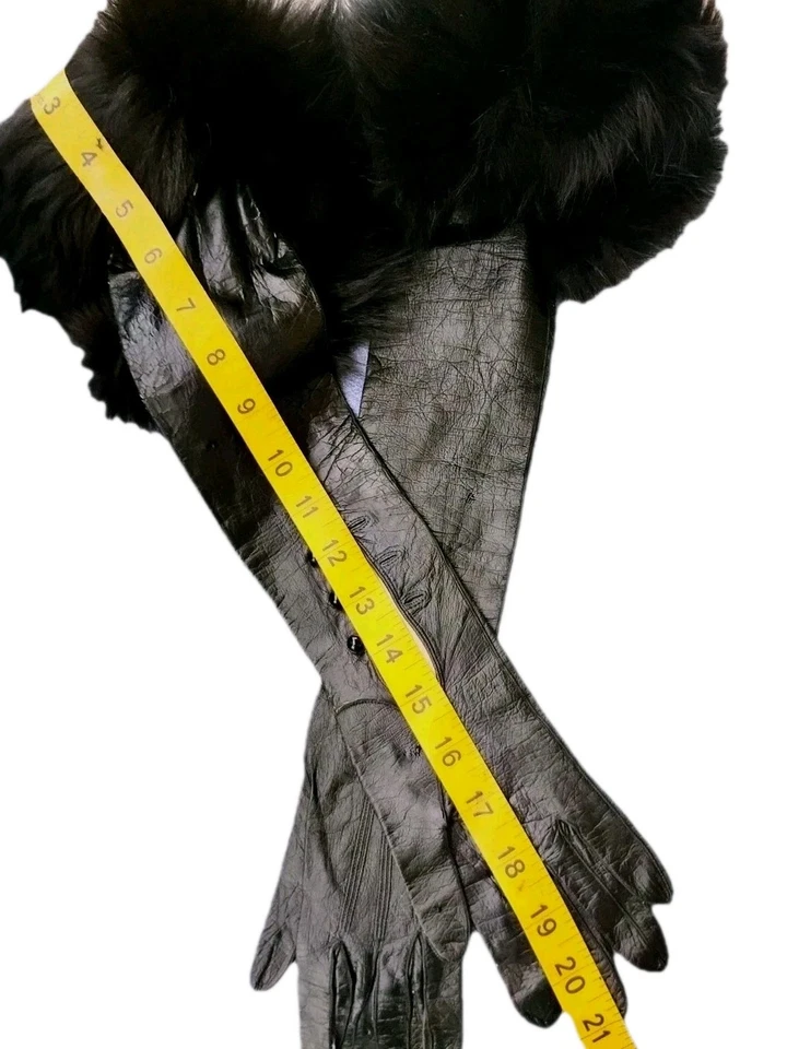 22" Black Kid Leather Gloves. 4" Black mink cuff Opera!7.5 Mint! 3 Button Wrist6 - Image 2 of 4