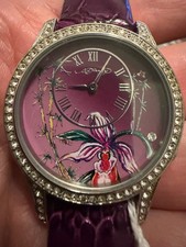 Ed Hardy EL-PU 0810 Purple Orchid Graphic Dial Crystal Bezel Quartz Watch