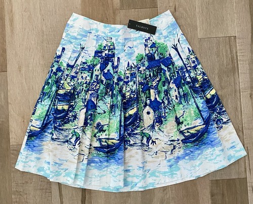 Talbots Pleated Skirt Women's 6P Blue White Venice Italy Canal Boat Side Zip NWT