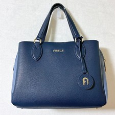 FURLA Minerva Leather Tote Bag Navy Blue Bicolor Authentic Rare Model