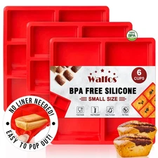 Walfos Silicone Mini Loaf Pan, 6-Cavity Non-Stick Bread Baking Mold, 3-Pack