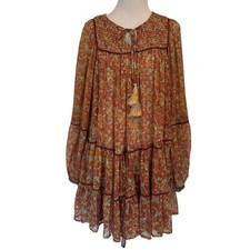 Free People Swinging Peasant Dress Womens XS Mustard Metallic Smocked Tassels