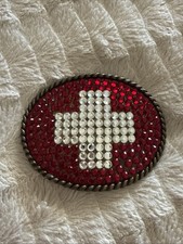 Vintage Oval Belt Buckle Pure Pewter Rhinestone SWISS FLAG Made in USA
