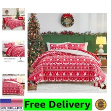 3pcs Christmas Fluffly Velvet Sherpa Comforter Set, Red n White Reindeer Snow...