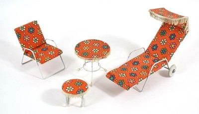 Barbie vintage Gartenmöbel 60er 70er orange Flower Power Gartenliege Tisch Stuhl